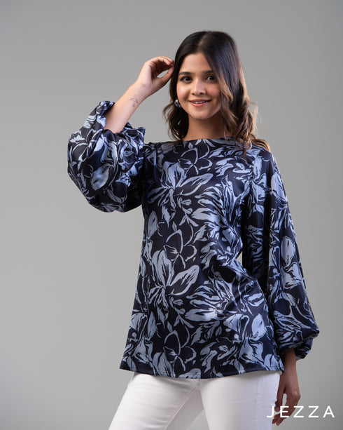 Lustrous Bloom: Printed Satin Balloon Sleeve Top 65811